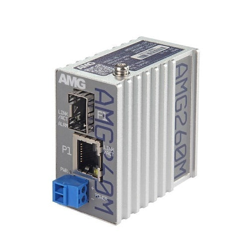 AMG Systems AMG260M-1F-1S AMG260M Series Industrial Mini Media Converter, 1 x 10/100Base-T(x) RJ45 Port, 1 x 100/1000Base-FX SFP Port, 12-56VDC Power Input