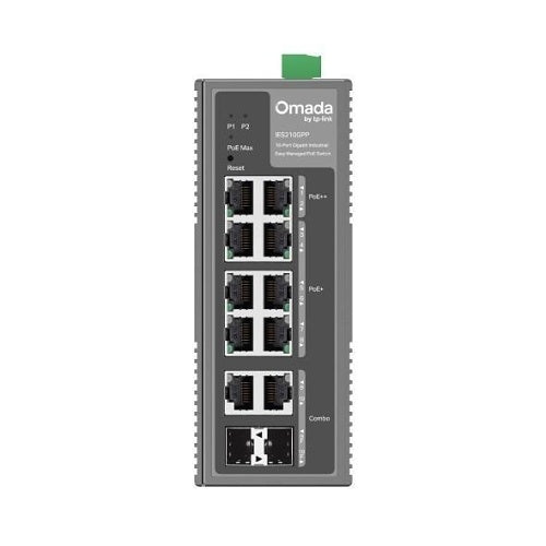 TP-Link IES210GPP Omada 10-Port Gigabit Industrial Easy Managed Switch with 6-Port PoE+ and 2-Port PoE++, 240W, DIN-Rail Mount