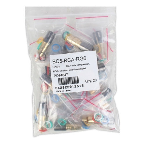 Binary BC5-RCA-RG6 RCA Male Compression Connector, RG6/U, 75 Ohms, Gold