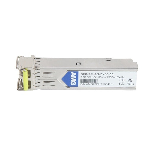 AMG Systems SFP-SM-1G-ZX80-55 SFP Singlemode, 1Gb, 2-Fibers, 80Km, LC Connectors, 1550nm Tx/Rx, -40°C to +85°C, DDM