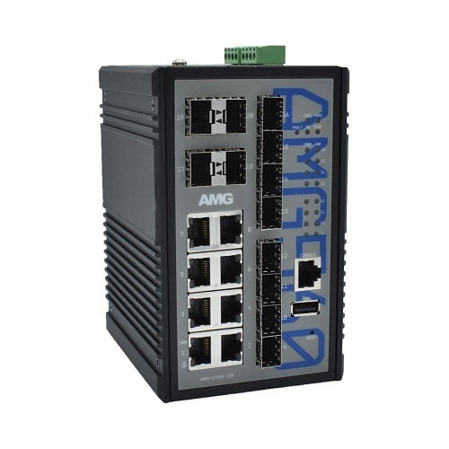 AMG Systems AMG560-8G-12S Industrial 20-Port Managed Switch, 8x10/100/1000Base-T(x) RJ45 Ports, 8x100/1000Base-Fx SFP Ports, 4x1000Base-Fx SFP Ports, DIN Rail Mount