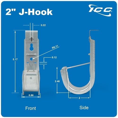 ICC ICCMSJH944 Ceiling Mount J Hook 2\\" with Retainer Clip, Galvanized Steel Cable Management Hooks for Hanging Cable, Rust-Resistant, EIA and TIA Compliant, 25-Pack