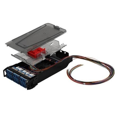 Siemon LVS12-LSUARAB1A LightVerse Fiber Splice Cassette, 12-Fiber, LCUPC Shutter, OS2, 900um Buffered Riser, 3.3\' (1m), Blue Adapter, Black