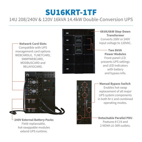 Tripp Lite SU16KRT-1TF UPS Smart Online Rackmount, 16000VA 14400W, 16kVA PDU