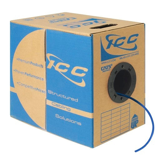 ICC ICCABP5EBL CAT5e CMP Plenum 24AWG 100% Solid Pure Copper Unshielded Bulk Ethernet Cable, UTP, PoE++, 350 MHz, UL Certified, ETL Verified, 1000\' Reelex Pull Box, Blue