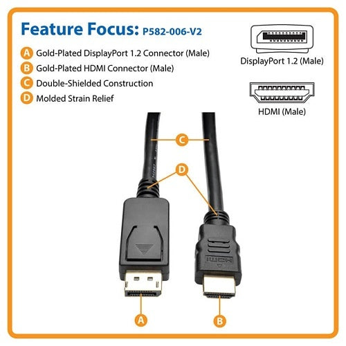 Tripp Lite P582-006-V2 DisplayPort 1.2 to HDMI Adapter Cable, DP with Latches to HDMI M/M, 4K, 6\' (1.8m)