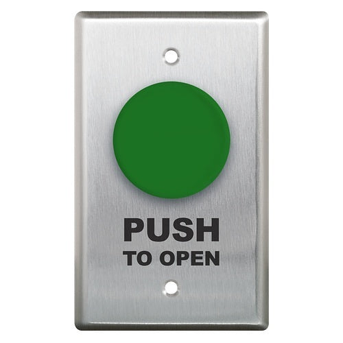 Camden CM-420G/3 CM-400 Series 1-5/8\\" Pushbutton, Single Gang, N/O and N/C Contacts, \'PUSH TO OPEN\' Label, Black Text, Green Button, Stainless Steel