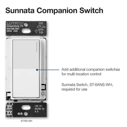 Lutron ST-RS-BW Sunnata Companion Switch, Multi-Location Switching, for Sunnata 6A On / Off Switch, (ST-6ANS), Brilliant White
