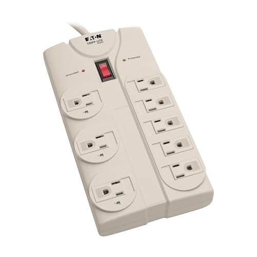 Tripp Lite TLP808 Protect It! 8-Outlet Surge Protector, 8\' Cord with Right-Angle Plug, 1440 Joules, Diagnostic LEDs, Light Gray Housing