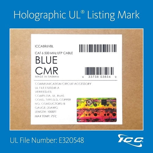 ICC ICCABR6VBL CAT6 CMR Riser 23AWG 100% Solid Pure Copper Unshielded Bulk Ethernet Cable, UTP, PoE++, 500 MHz, UL Certified, 1000\' Reelex Pull Box, Blue