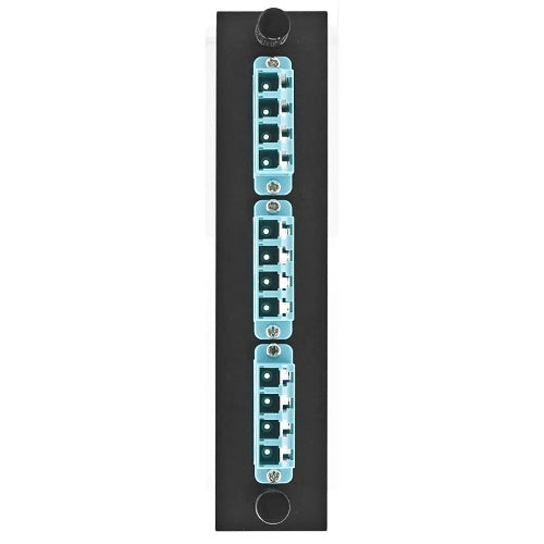 Hubbell FSPNLCQS3AQ Fiber Optic Panel Adapter, 12-Fiber, 3 LC Quad, Zircon Sleeves, Aqua