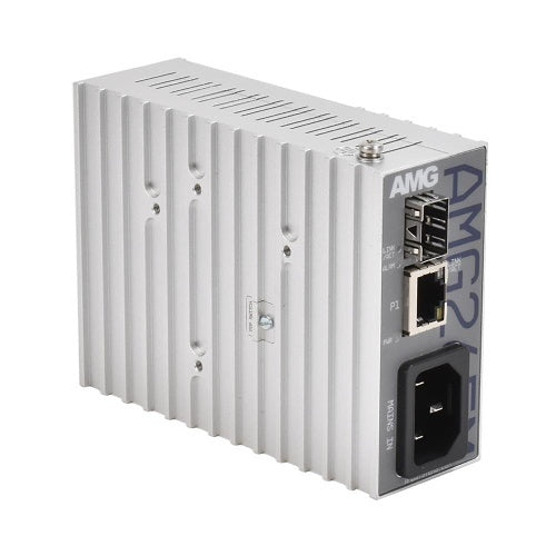 AMG Systems AMG265M-1F-1S AMG265M Series Industrial Mini Media Converter, 1 x 10/100Base-T(x) RJ45 Port, 1 x 100/1000Base-Fx SFP Port, 85-264VAC IEC Mains Power Input