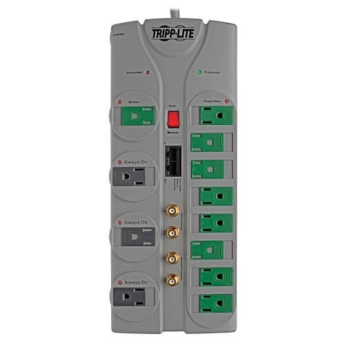 Tripp Lite TLP1210SATG Eco Surge Protector, 120V RJ11 RJ45 Coax 12 Outlet, 10\' Cord, Green