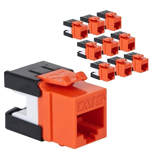 ICC IC107GATOR CAT6a Keystone Jack with Slim Profile 180° Punch Down, 10Gbps RJ45 PoE++ for Wall Plate or Patch Panel, 10-Pack, Orange
