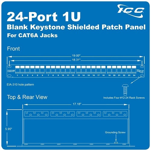 ICC ICMPP246AS CAT6A 24-Port Shielded Keystone 1U Patch Panel with CAT6A Shielded Keystone Jacks, 19\\" Rackmount Housing and Cable Support Bar, EMI Protection, PoE++ Compliant