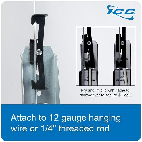 ICC ICCMSJHW44 Batwing J Hook 2\\" with Retainer Clip, Galvanized Steel Cable Management Hooks for Hanging Cable to Hanger Wire and Threaded Rod, Rust-Resistant, EIA and TIA Compliant, 25-Pack
