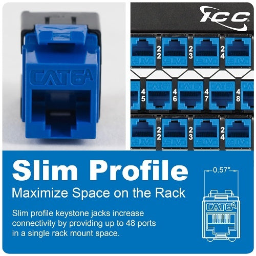 ICC IC107GACBL CAT6a Keystone Jack with Slim Profile 180° Punch Down, 10Gbps RJ45 PoE++ for Wall Plate or Patch Panel, 25-Pack, Blue