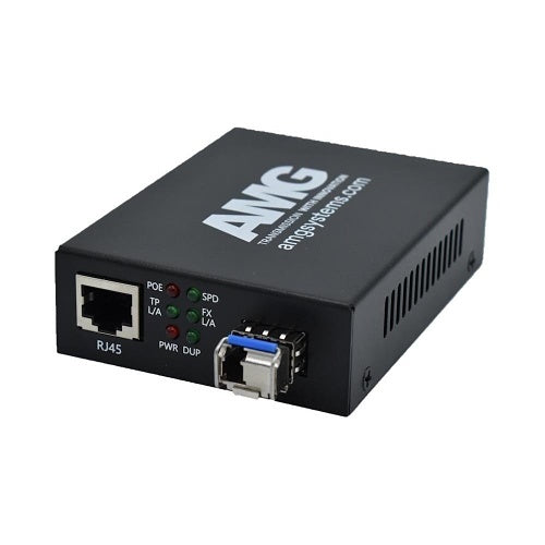 AMG Systems AMG210M-1GAT-1SM1A-P30 210M PoE Series Mini Ethernet Media Converter, 1-Port 10/100/1000BaseT(x) RJ45 with 30W PoE+, 1-Port 1000BaseFx Multimode, 1-Fiber, 1310nm, LC Connector, 1Km