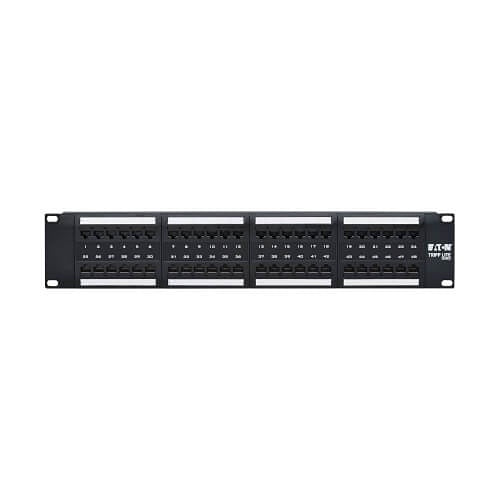 Tripp Lite N252-P48 48-Port CAT6 Patch Panel, 4PPoE Compliant, 110/Krone, 568A/B, RJ45 Ethernet, 2U Rack-Mount, Black