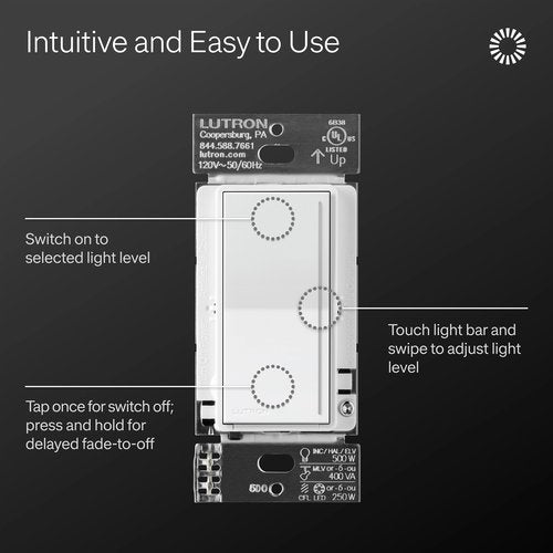 Lutron ST-PRO-N-GL Sunnata Touch Dimmer - LED+ Pro Max, 250W LED / 400W ELV / 400VA MLV, Neutral Required, Multi-Location, 120V, Glacier White