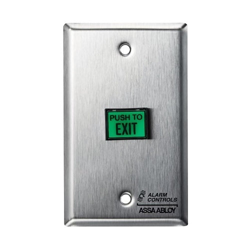 Alarm Controls TS-3 Single Gang Plate with 2\\" Square Green Illuminated Push Button, 1/2\\" Red LED, \\"PUSH TO EXIT\\" Text