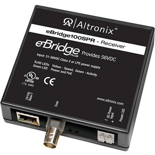 Altronix EBRIDGE100SPR EoC Single Port Receiver, 100Mbps, Generates PoE/PoE+/Hi-PoE 60W, 51/56VDC, Used with EBRIDGE200WPM or EBRIDGE4SPT (Replaces EBRIDGE1SPR) Image of AX-EBR100SPR