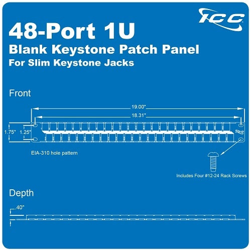 ICC IC107BP481 48-Port Blank Keystone 1U Patch Panel with 19\\" Metal Rackmount Housing for Slim Profile Keystone Jacks