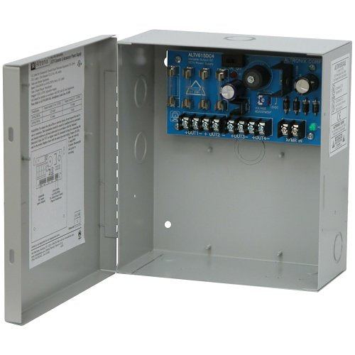 Altronix ALTV615DC4UL CCTV Power Supply, 4 Fused Outputs, 6-15VDC at 2.5A, 24VAC, BC100 Enclosure Image of AX-615DC4UL