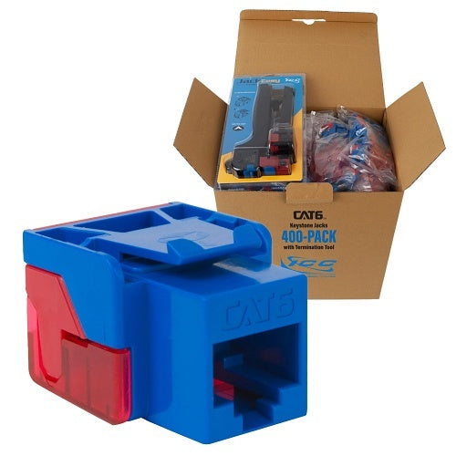ICC IC107L6VBL CAT6 Keystone Jack with Inline IDC No Pair Split Wiring (Easier Termination) PoE++ for Wall Plate or Patch Panel, Includes JackEasy Termination Tool, 400-Pack, Blue