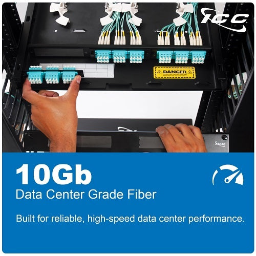 ICC ICFOJ2G710 OM3 Multimode LC to SC 50/125µm Fiber Patch Cable, Data Center Grade 0.1dB Typical Insertion Loss, ONFR Riser Jacket, Aqua, 10 Meter (33 ft), 1-Pack