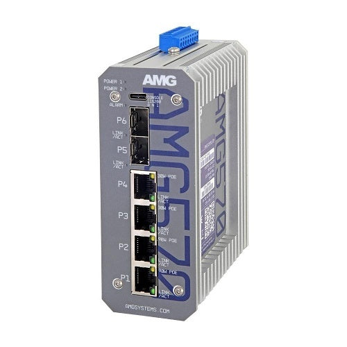 AMG Systems AMG570-2GBT-2GAT-2S-P240 AMG570 Series Layer 2+ Managed Industrial Ethernet Switch, 4x 10/100/1000TX, 2x 90W, 2x 30W PoE, 2x 100M/1G/2.5G SFP Switch, 52V, 240W PSU, DIN Rail, 2x 1Gb MM SFP