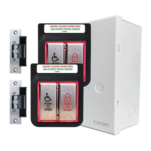 Camden CX-WC14AXFM-PS CX-WC Series Flush Mount 2-Door Restroom System, with (1) CX-EMF-2PS, (2) CM-2520/4855SE1, (2) CM-45/455SE1, (2) CX-ED2079, and (2) CX-MDA