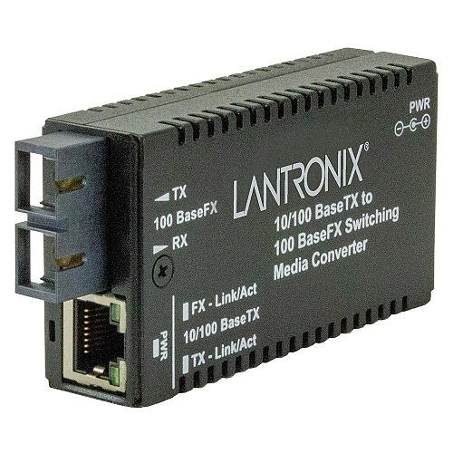 Lantronix M/E-PSW-FX-02(SC)-EU M/E-PSW Series Mini Fast Ethernet Media Converter, 10/100BASETX to 100BASEFX SWITCH, SC Multimode, 2km European Power Cord