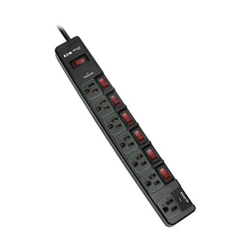 Tripp Lite TLP76MSGB ECO-Surge 7-Outlet Surge Protector, 6\' (1.83 m) Cord, 1080 Joules, 6 Individually Controlled Outlets, Black Housing