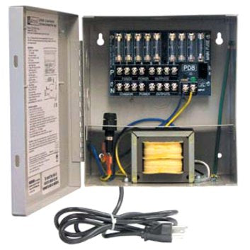 Altronix ALTV248ULCB3 CCTV Power Supply, 8 PTC Class 2 Outputs, 24-28VAC, at 3.5A, 115VAC, BC100 Enclosure, includes 3-wire line cord Image of AX-248ULCB3