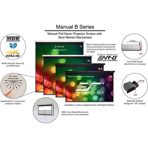 Elite Screens M100X Manual Series 100\\" Pull-Down Projection Screen for Wall or Ceiling, MaxWhite 2, 16:9