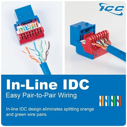 ICC IC107L6CGN CAT6 Keystone Jack with Inline IDC No Pair Split Wiring (Easier Termination) PoE++ for Wall Plate or Patch Panel, 25-Pack, Green