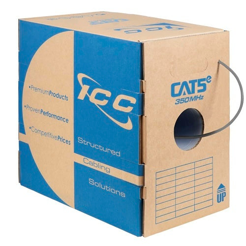 ICC ICCABR5EGY CAT5e CMR Riser 24AWG 100% Solid Pure Copper Unshielded Bulk Ethernet Cable, UTP, PoE++, 350 MHz, UL Certified, 1000\' Reelex Pull Box, Gray