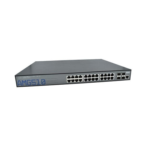 AMG Systems AMG510-24G-4XS-RP Commercial 28-Port Managed Switch, 24x10/100/1000Base-T(x) RJ45 Ports, 4x100M/1/2.5/10G Base-FX SFP+ Ports, 1U, 19\\" Rack Mount, Dual Redundant Power Supplies