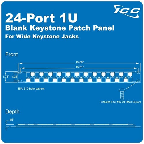 ICC IC107BE241 24-Port Blank Keystone 1U Patch Panel with 19\\" Metal Rackmount Housing, Staggered Ports to Reduce ANEXT