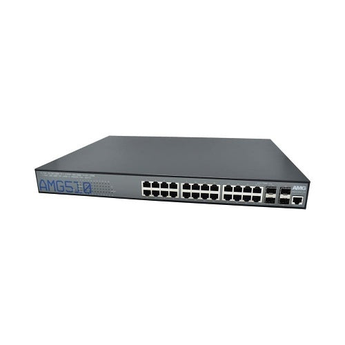 AMG Systems AMG510-22GAT-2CAT-2S-P460 Commercial 26-Port Managed Switch, 22x10/100/1000Base-T(x) RJ45 Ports, 2x10/100/1000Base-T(x) RJ45 or 100/1000Base-Fx SFP, 2x100/1000Base-FX SFP Ports, 1U 19\\"