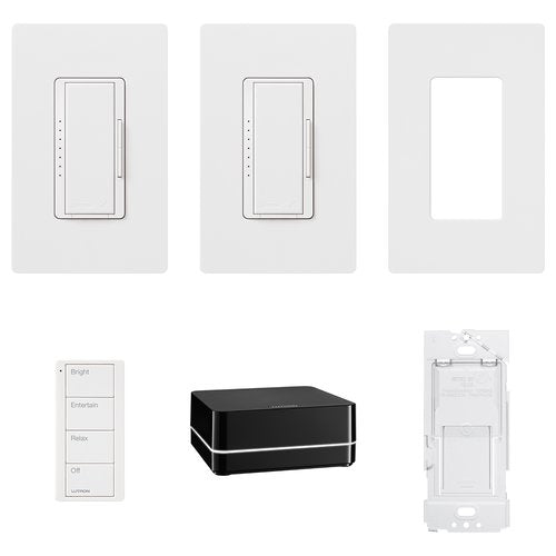Lutron RR-SEL-KIT-1 RA2 Select Starter Kit, contains (2) RRD-6ND-WH, (1) PJ2-4B-GWH-P03, (1) PICO-WBX-ADAPT, (3) CW-1-WH, (1) RR-SEL-REP2-BL. RR-REL-KIT-1
