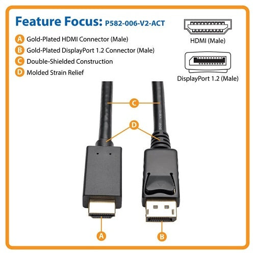 Tripp Lite P582-006-V2-ACT DisplayPort 1.2 to HDMI Active Adapter Cable, DP with Latches to HDMI M/M, 4K, 6\' (1.8m)