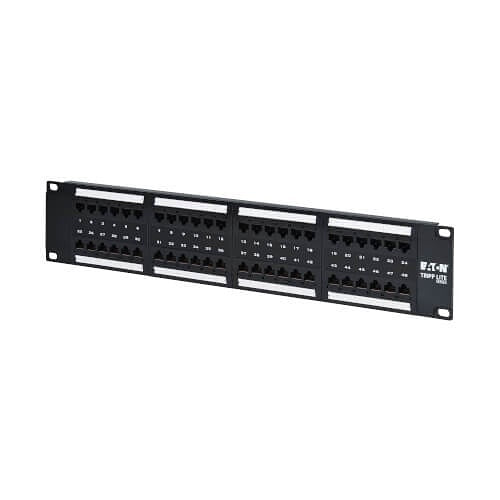 Tripp Lite N252-P48 48-Port CAT6 Patch Panel, 4PPoE Compliant, 110/Krone, 568A/B, RJ45 Ethernet, 2U Rack-Mount, Black