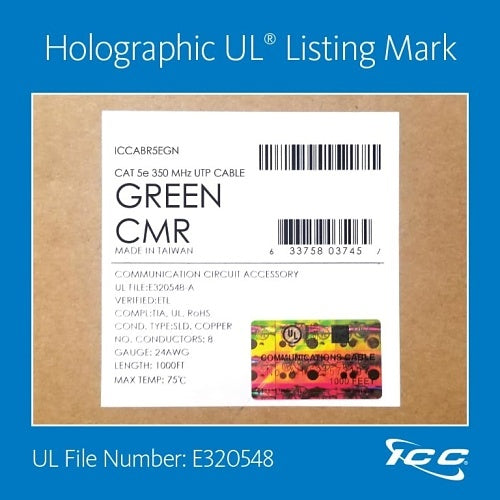 ICC ICCABR5EGN CAT5e CMR Riser 24AWG 100% Solid Pure Copper Unshielded Bulk Ethernet Cable, UTP, PoE++, 350 MHz, UL Certified, 1000\' Reelex Pull Box, Green