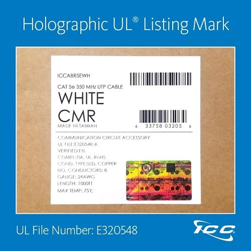 ICC ICCABR5EWH CAT5e CMR Riser 24AWG 100% Solid Pure Copper Unshielded Bulk Ethernet Cable, UTP, PoE++, 350 MHz, UL Certified, 1000\' Reelex Pull Box, White
