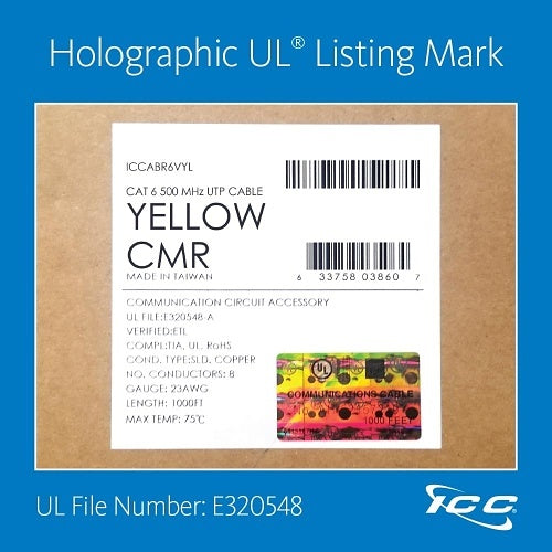 ICC ICCABR6VYL CAT6 CMR Riser 23AWG 100% Solid Pure Copper Unshielded Bulk Ethernet Cable, UTP, PoE++, 500 MHz, UL Certified, 1000\' Reelex Pull Box, Yellow