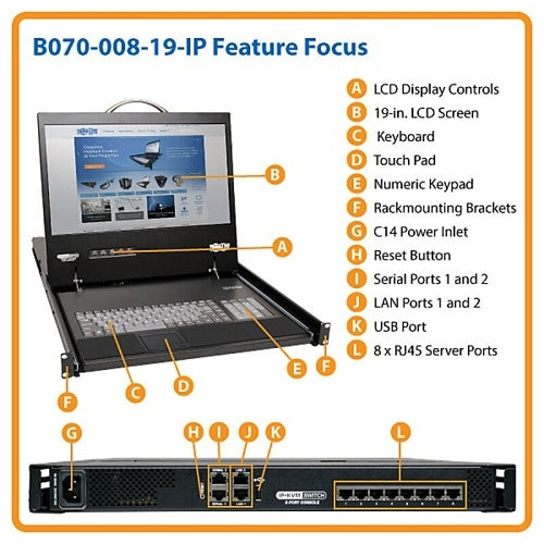 Tripp Lite B070-008-19-IP NetCommander 8-Port CAT5 KVM Over IP Switch, 19\\" LCD, 1 Remote + 1 Local User, 1U Rack-Mount