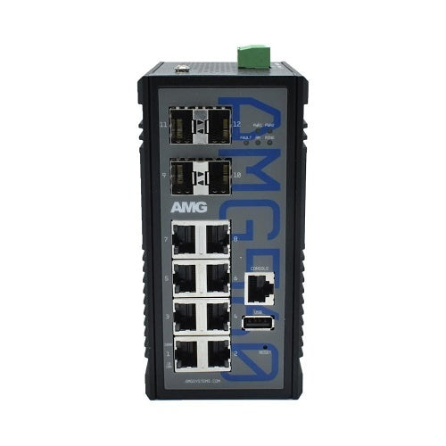 AMG Systems AMG560-8G-4XS Industrial 12-Port Managed Switch, 8x10/100/1000Base-T(x) RJ45 Ports, 4x1/2.5/10G Base-Fx SFP+ Ports, DIN Rail Mount