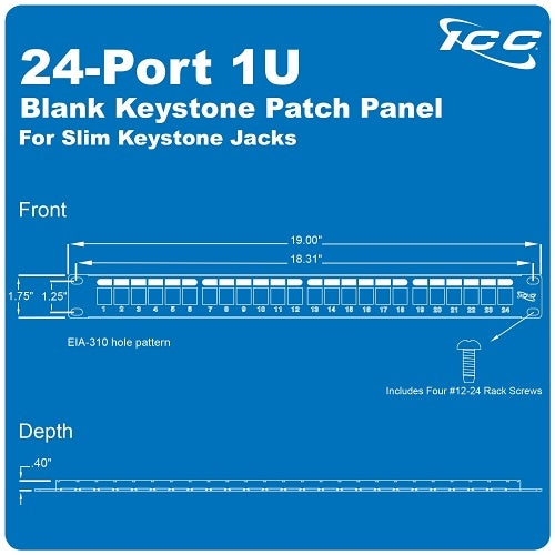 ICC IC107BP241 24-Port Blank Keystone 1U RMS Patch Panel with 19\\" Metal Rackmount Housing for Slim Profile Keystone Jacks